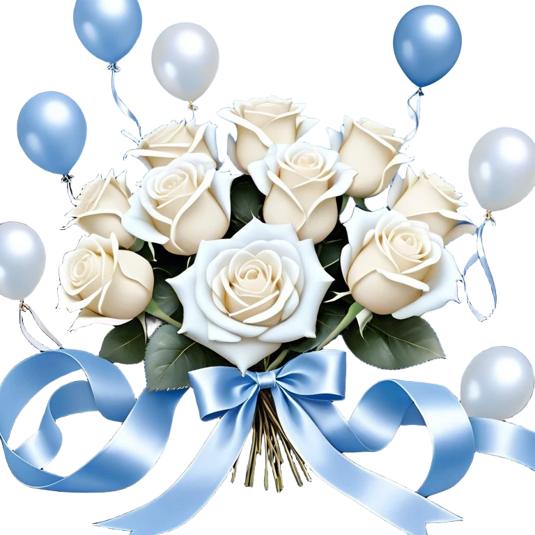 A deep midnight blue velvet background sets the stage for a mesmerizing arrangement of frosty blue and pure white roses, bound together with a delicate pearl-beige ribbon. The ribbon’s edges curl elegantly, as if dancing in an invisible breeze. Floating nearby, metallic pearl balloons in icy silver, misty blue, and opalescent white reflect the ambient glow, creating an ethereal, moonlit atmosphere. Scattered pearl beads and soft candlelight add depth and intimacy to the scene. emoji