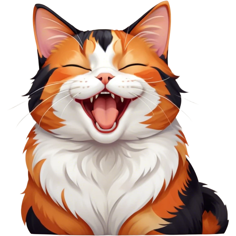 Cinematic Cute Yawning Calico Cat Portrait Emoji, Head tilted mid-yawn with a charming, relaxed expression, showcasing a soft patchwork fur of vibrant orange, black, and white, simplified yet irresistibly adorable, highly detailed, glowing with a cozy, gentle radiance, high shine, exuding sleepy yet endearing charm, styled with a soft glowing outline, capturing the essence of a calico cat caught in a delightful yawn that seems ready to cuddle up for a nap! emoji