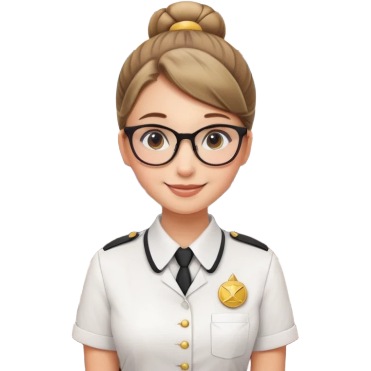 Young girl, bun hair, wearing uniform of reception with hotel name badge, glasses, stand behind the desk

 emoji