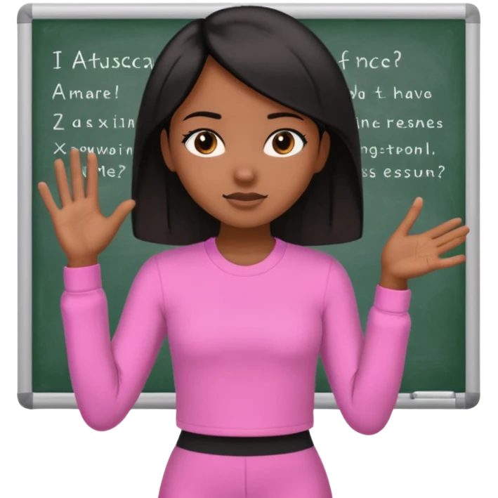 a brown skin teachers with hair that stop at elbpws girl with black straight like hair wearing pink not hot pink 2 piece set teaching up on a board emoji