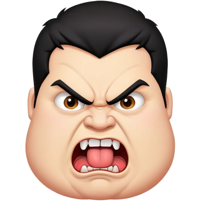 young angry fat man in profile view with black hair, fangs, crossed eyes, long tongue sticking out emoji