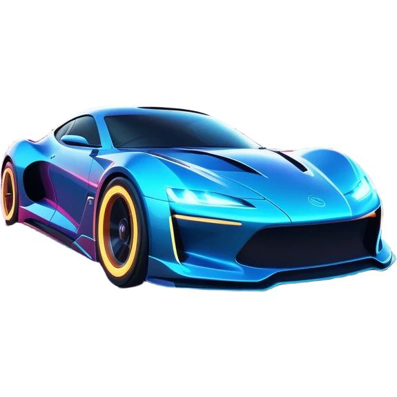 An icon showing a sleek car speeding through a neon-lit cityscape, inspired by Need for Speed. The design features dynamic motion lines, glowing tires, and a vibrant city backdrop with skyscrapers and lights. The rush of high-speed racing is highlighted. Transparent background. emoji