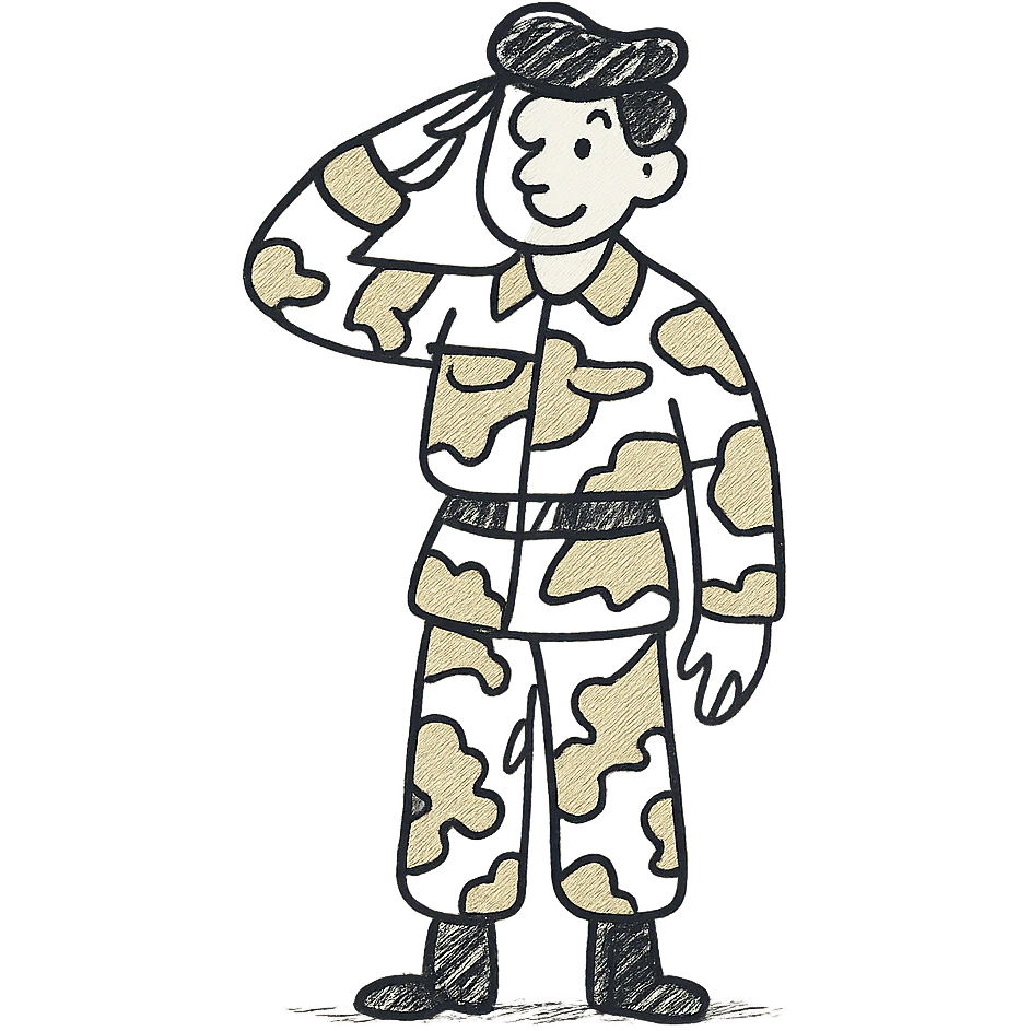 Remove the text from the chest, keep the little soldier with a camouflage uniform in beige, brown, and cream tones, saluting like a military figure, in a hand-drawn style. emoji