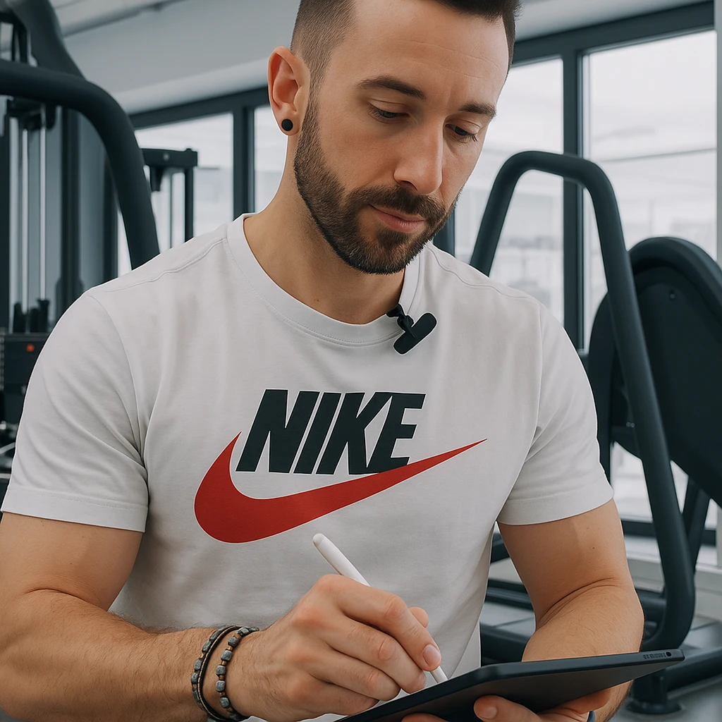 Personal trainer in a gym, inspired by the person in the reference photo, writing a workout plan on a tablet, in a modern and bright environment. emoji