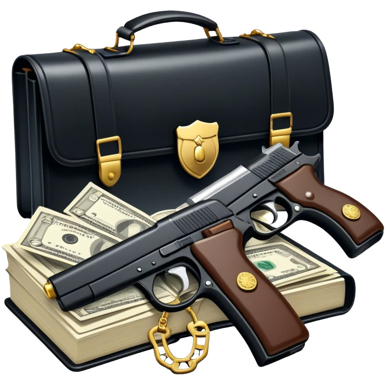 Icon for Action & Crime Reading: an open book with a silhouette of a gun, a bag of money, and a police badge on the pages. Surrounding elements include a pair of handcuffs, a briefcase, and scattered bullet casings. Transparent background. emoji
