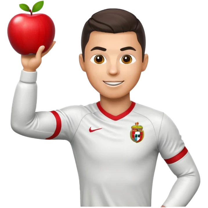 Cristiano Ronaldo as an apple-style emoji, doing his signature 'Siu' celebration, excited face, football kit emoji