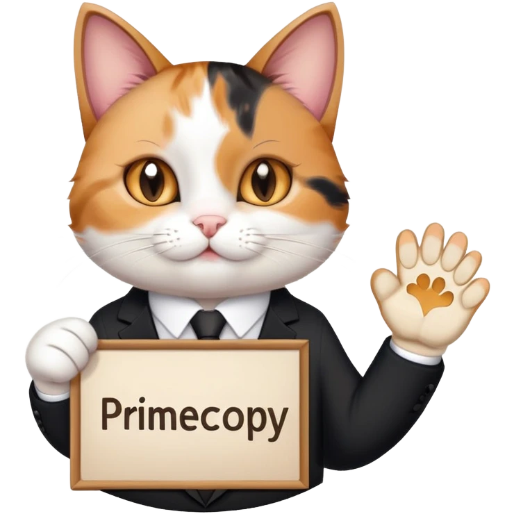 A cat in a black business suit holds a sign with the inscription "PrimeCopy" with one paw and shows a like with the other paw emoji