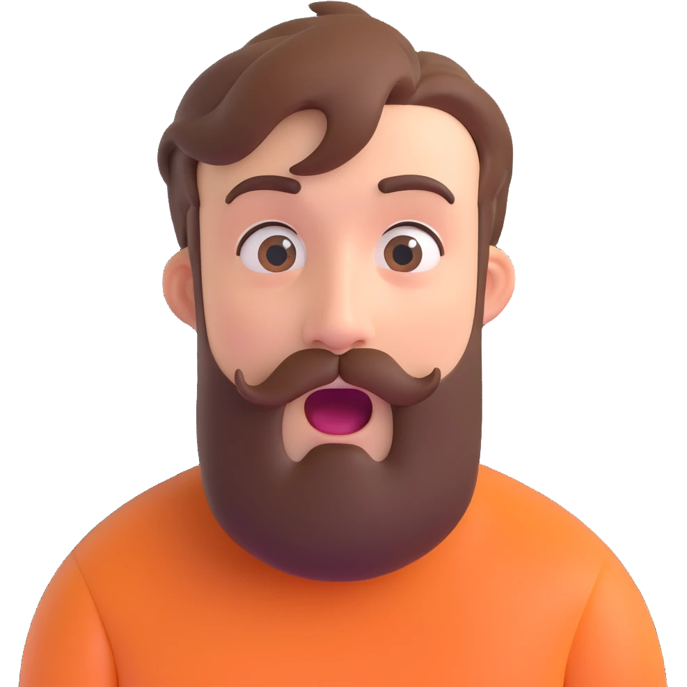 19-year-old man with early stage beard and mustache, surprised expression emoji