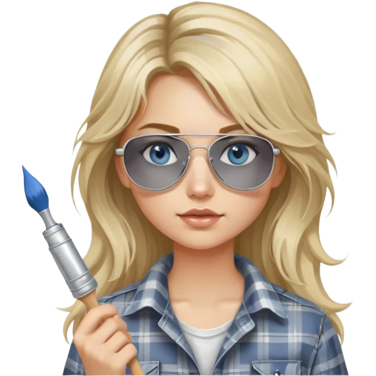 girl with long blond messy hair, wearing grey plaid shirt with blue eyes and aviator sunglasses wearing a ring on her silver necklace, holding a paint brush roller with a small bit of white paint on her face emoji