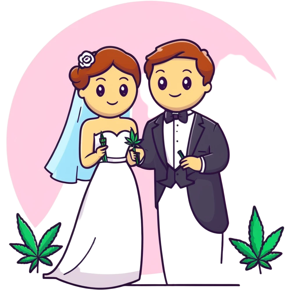 Bride in white dress and groom in tuxedo sharing a cannabis joint, cheerful cartoon wedding couple with festive colorful background emoji