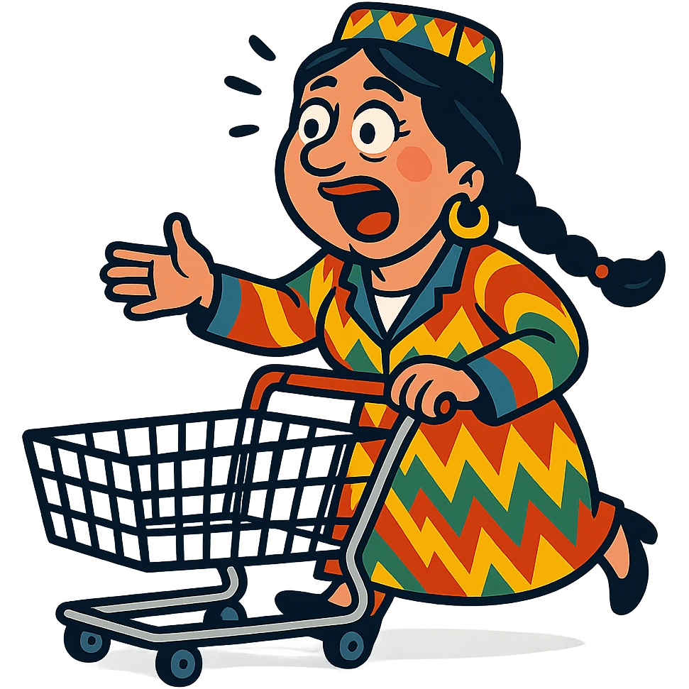 cartoonish Uzbek woman with a shopping cart, exaggerated emotions emoji
