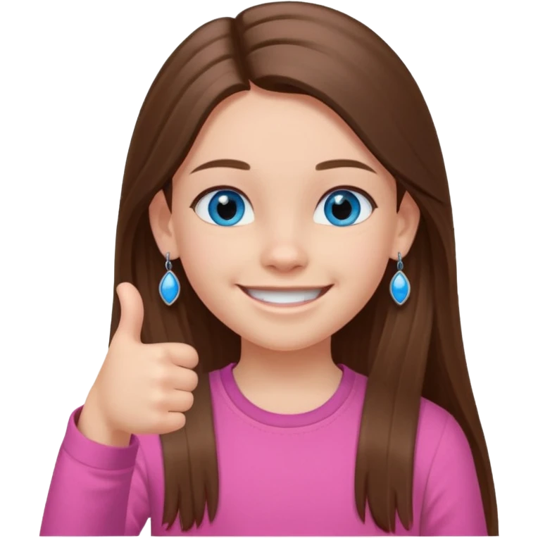 11 year old girl, blue eyes, brown long ish straight hair, smile and two thumbss up with earings and a pink shirt, and that you can see my whole body emoji