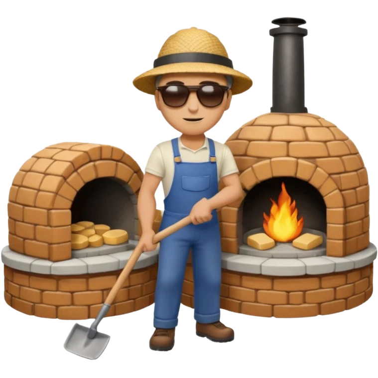 man loading shovel into round brick oven three quarters view  emoji