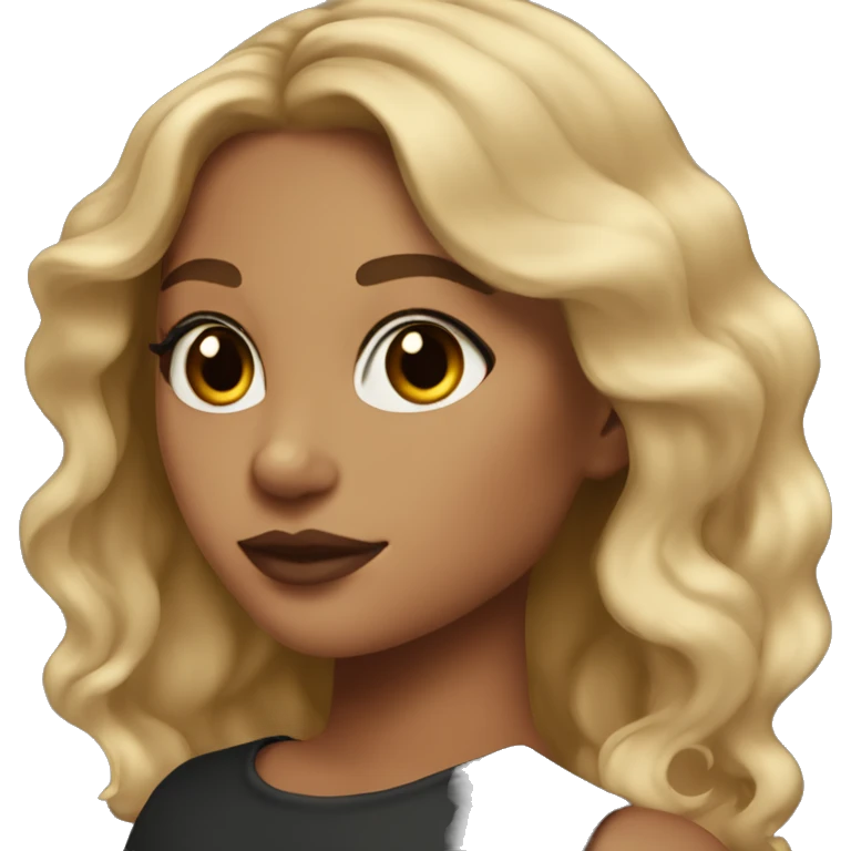 girl with tan skin, winged eyeliner, long dirty blonde wavy hair, and lipstick emoji