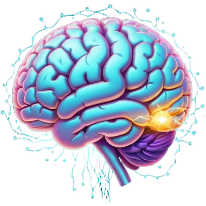 brain with glowing quantum particles around emoji