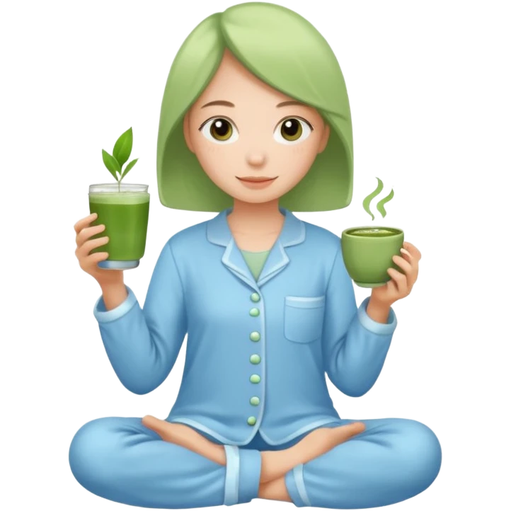 wearing sky blue pj and holding matcha emoji
