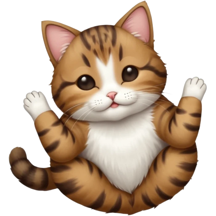 dark brown tabby and white small cat in funny positions upside down with eyes closed emoji