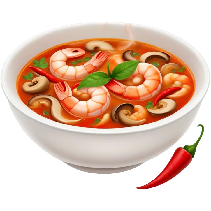 Cinematic Realistic Tom Yam Kung Soup Dish Emoji, showcasing a spicy, sour shrimp soup with herbs and mushrooms rendered with lifelike textures and bold, dynamic lighting. emoji