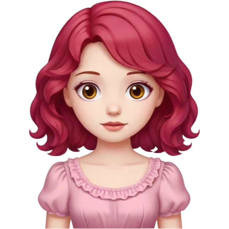 A pale girl with cherry red wavy hair and brown eyes, wearing a pink cute dress. emoji
