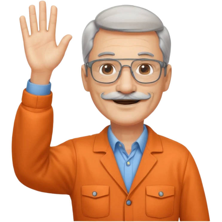 60 yr man with partially gray hair, mustache, light glasses, work clotheswaving hello emoji