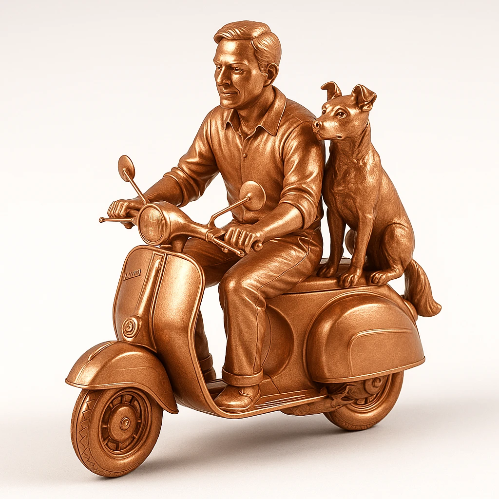 man and his pet dog riding a vespa emoji
