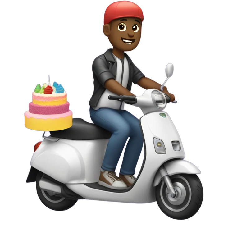 Gay man on e-scooter delivering a cake emoji