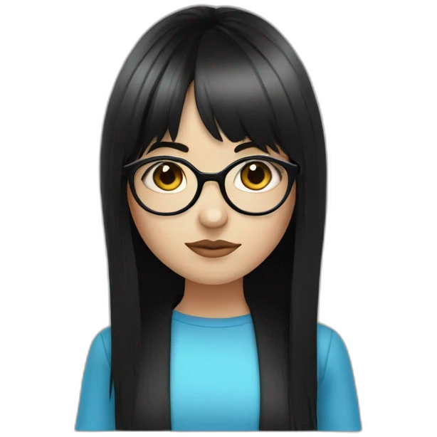 girl with blue eyes black hair fringe white skin and a little cheek and glasses emoji