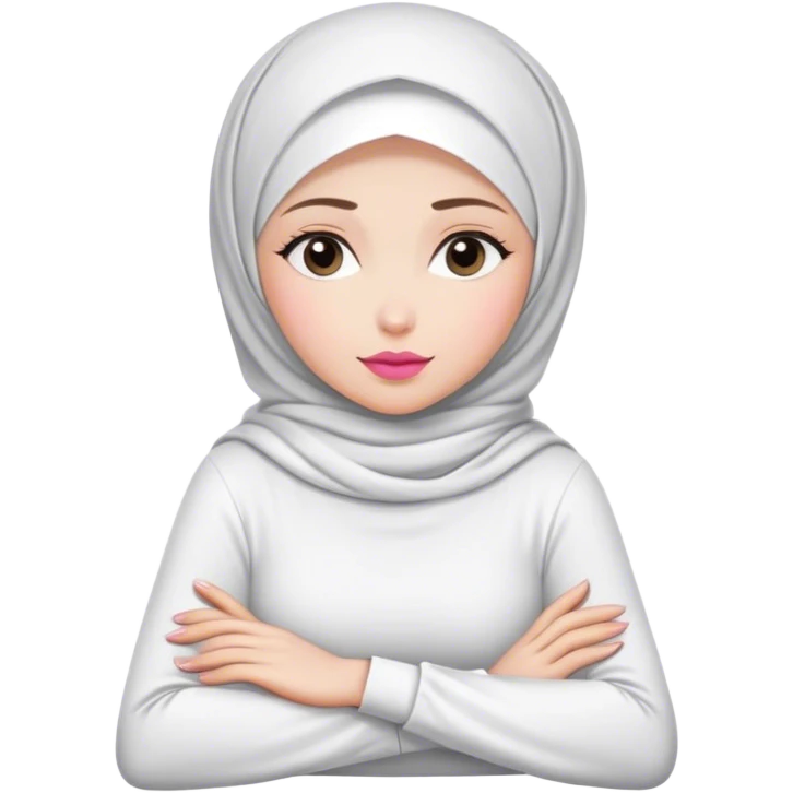 white hijab women are listening with her hands folded cross-over on the table. Her outfit is white. Her lips color is pink. emoji