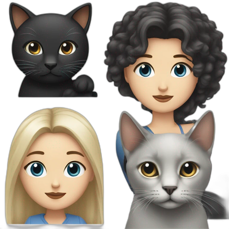 white female with blue-gray eyes and long hair with white male with dark long bob hair and brown eyes holding black cat emoji