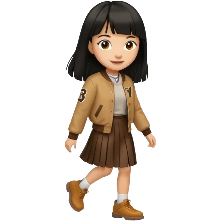 black color long hair with fringe, light skin long hair girl with brown varsity jacket and long skirt walking

 emoji