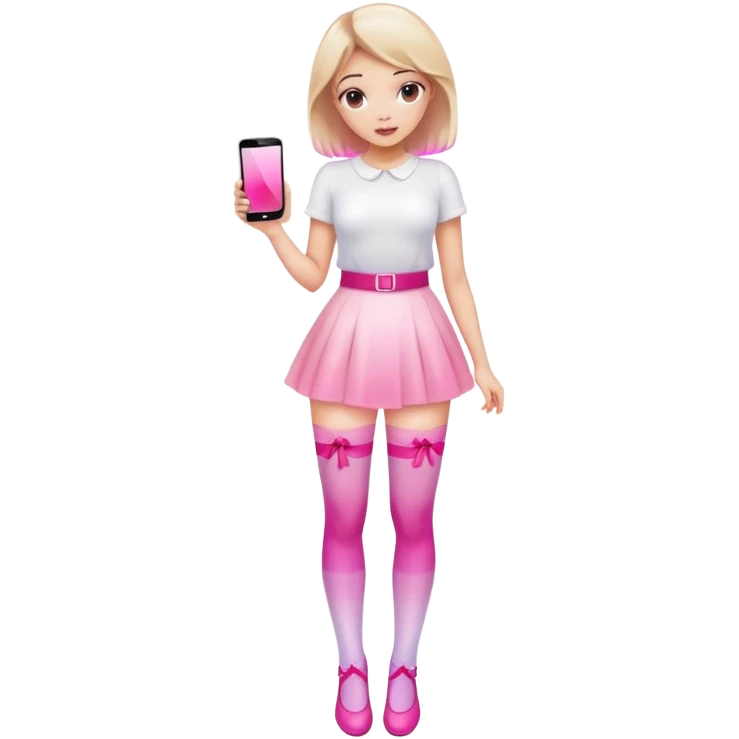 Cute girl character in stockings adjusting fashion accessory, pink gradient, glass effect, minimalist design emoji