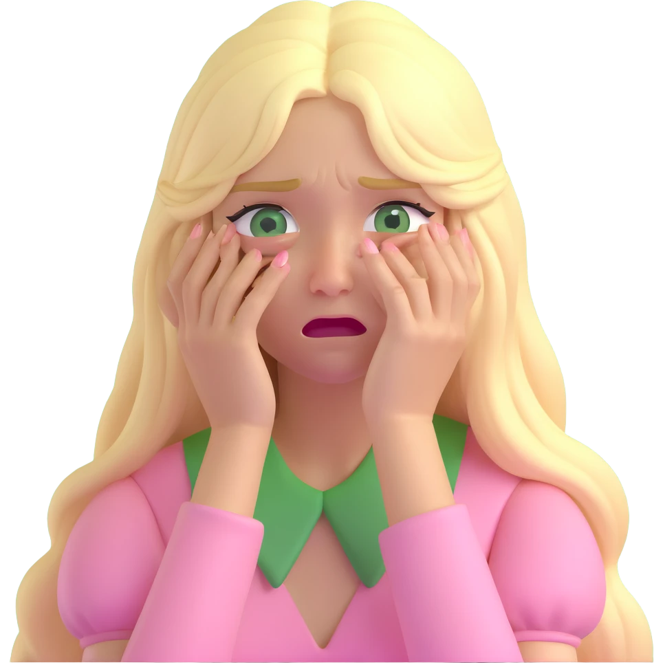 a 3d IOS realistic style emoji of a blonde with long hair and swamp eyes in a pink pastel dress crying emoji