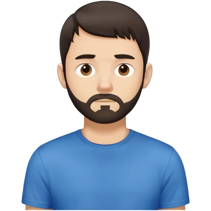 Man with longer dark brown straight hair past ears with bangs, short beard covering whole face, neutral expression, basic blue t-shirt emoji
