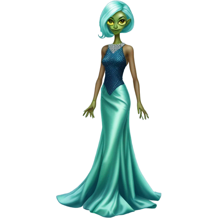 reptilian green alien woman, in long slim pastel blue formal party satin dress with gradient shiny sparkling navy blue diamonds embroidered, full body full figure emoji