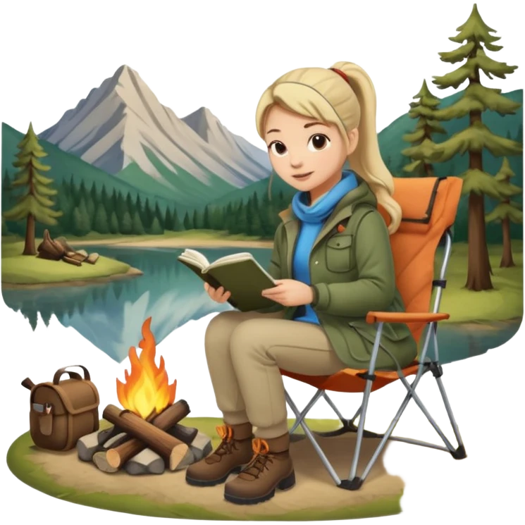 A pony tail hair woman journaling on a camping chair, enjoying the quiet nature scene beside a campfire emoji
