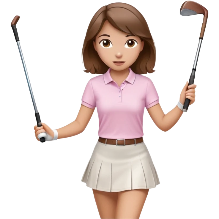 A brown haired girl with a light pink polo and a white skirt swinging a golf club emoji
