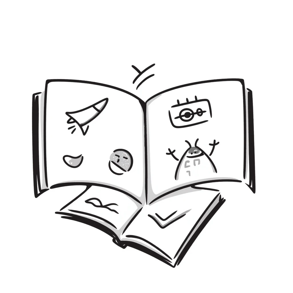 hand-drawn doodle of an open sketchbook with visible pages emoji