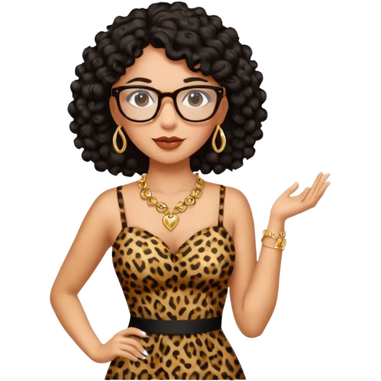 A women who wears glasses with a black curly hair, in a leopard print dress sweetheart neckline  emoji