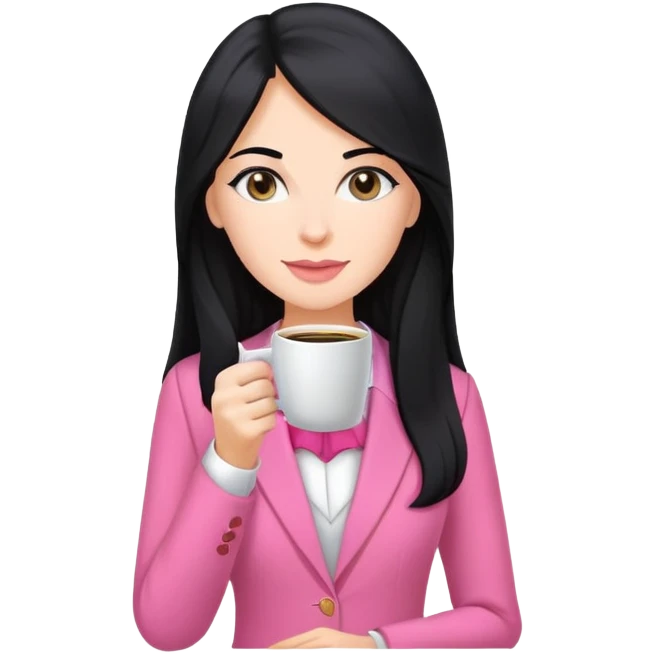 business dressing pink clothes woman  caucasian with a long black hair drinking coffee emoji