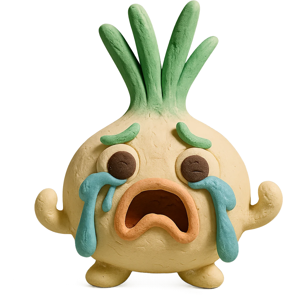 claymation green onion character, round white body, big expressive eyes, green leafy hair, dramatic crying face with streams of onion juice tears, playful and humorous pose, pastel kawaii style, visible fingerprints and soft clay textures, excellent lighting, transparent background emoji