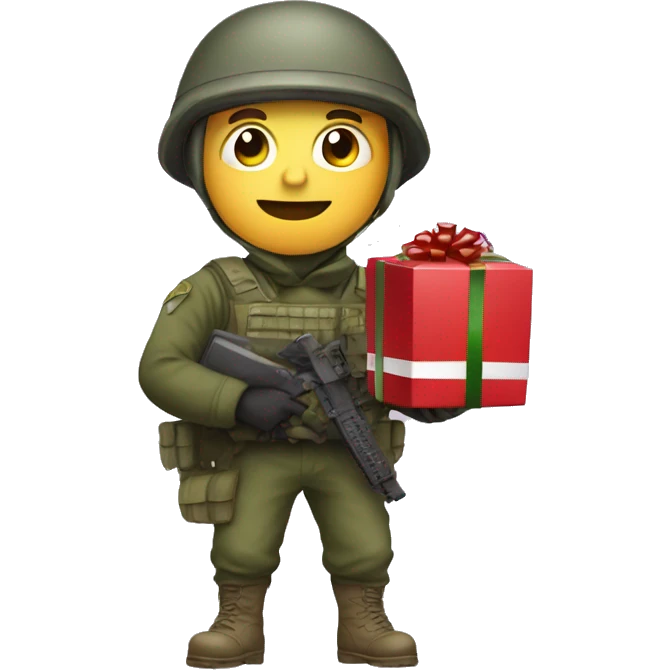 soldier in helmet with a Christmas present in his hands emoji
