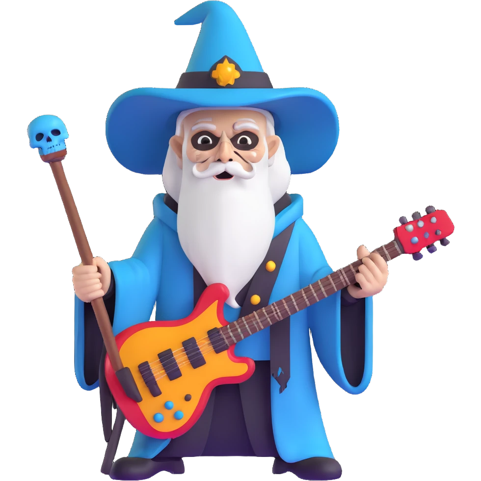 wizard with electric guitar staff, heavy metal, skull decorations emoji