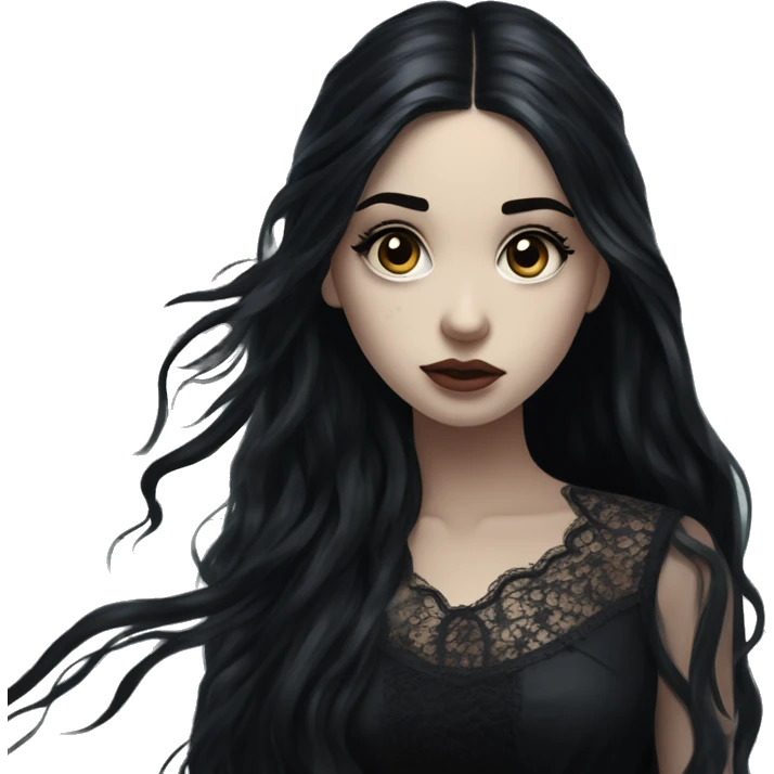 Dramatic girl  very pale with dark lighting  with black hair  in river with very very long lace dress  black long hair flying in the wind sad face  white eyes emoji