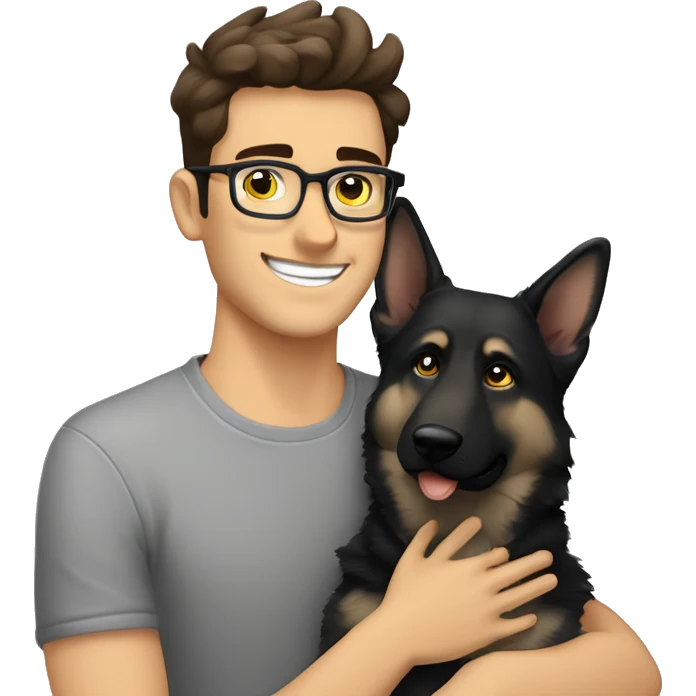 a handsome guy with dark brown hair, black thin stylish glasses and (grey eyes) hugging the grey german shepherd (yellow eyes) emoji