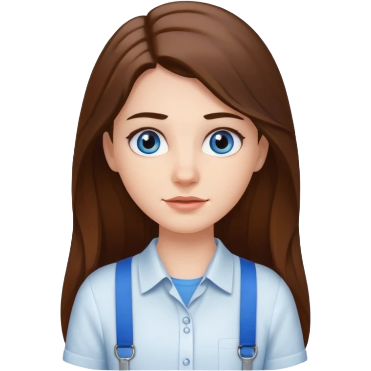 A pretty white girl with long brown hair dark eyebrows and braces and blue eyes wearing a white shirt emoji