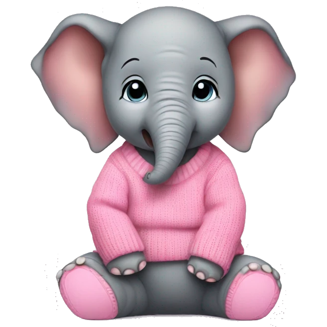 Baby elephant is sitting and wearing pink sweater emoji