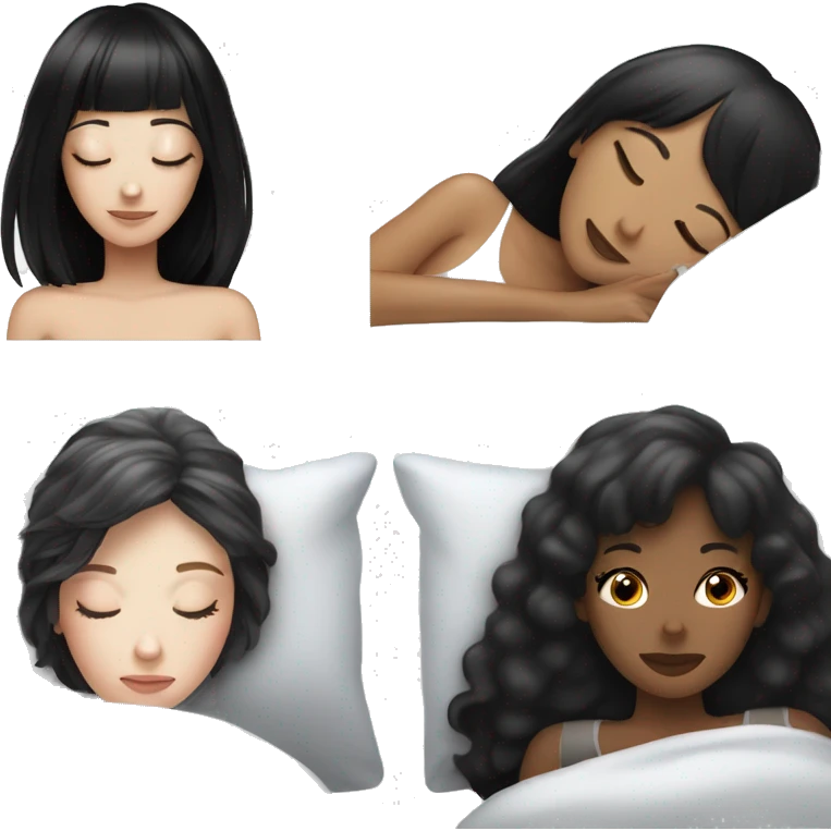 Woman pale skin black hair with bangs sleeping in bed, white woman emoji