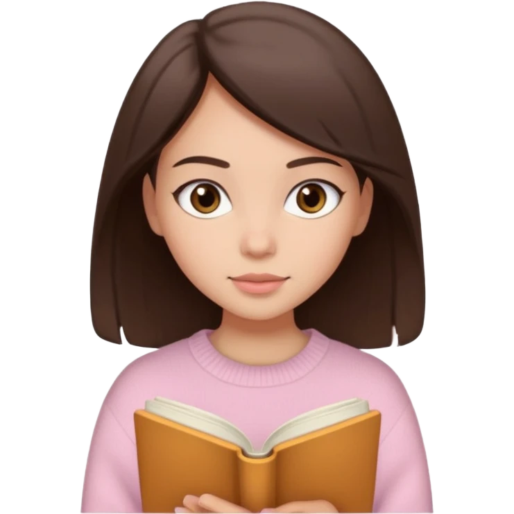 Pretty brown eyed brunette girl with light pink sweater reading cozy emoji