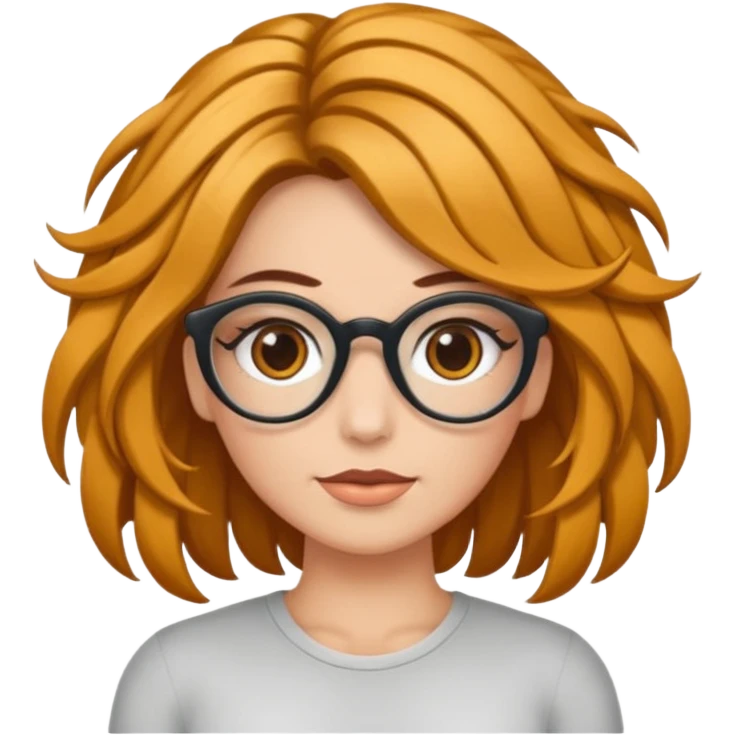 Uma garota de cabelos cacheados compridos e mechas loiras, com pele morena clara e óculos emoji