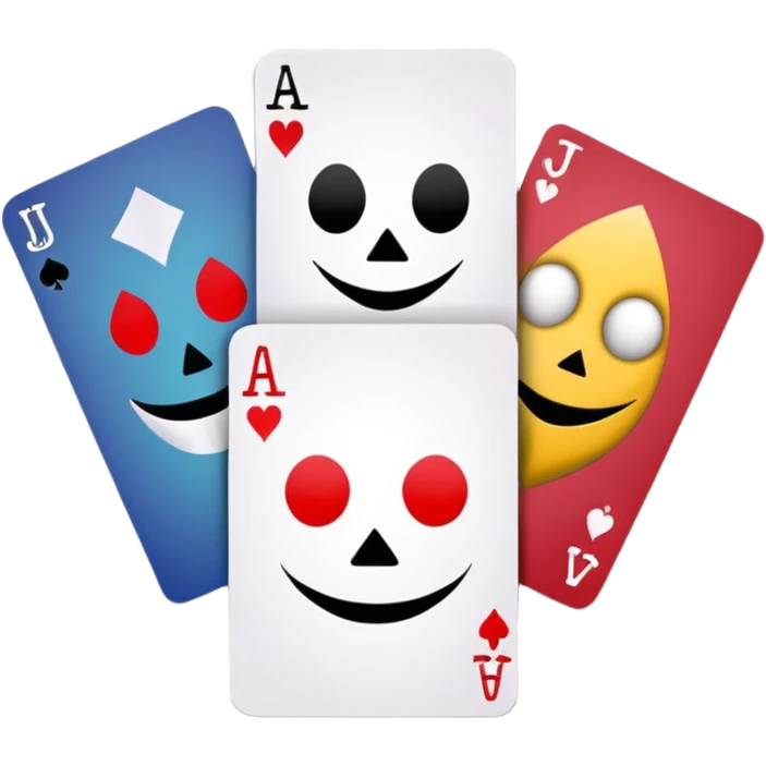 bunch of 3 poker cards, with crazy colorful human jolly jokers inside, inversed face, cuphead style emoji